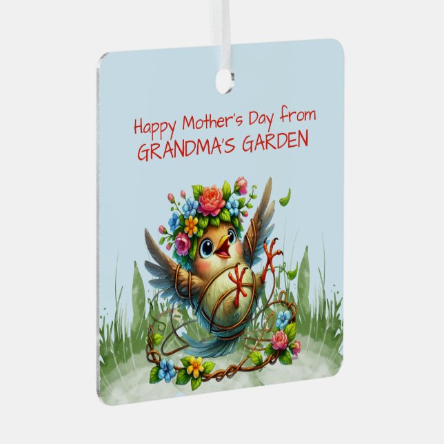 Happy Mothers Day from GRANDMA'S GARDEN Funny Bird Metal Ornament (Front Right)
