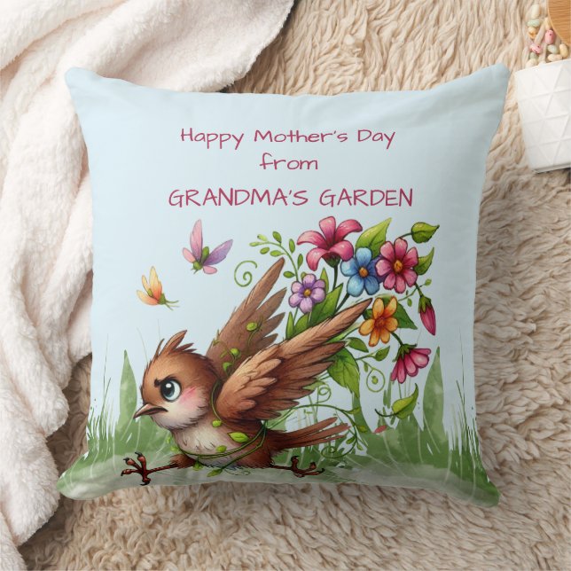 Happy Mothers Day from GRANDMA'S GARDEN Funny Bird Throw Pillow (Blanket)