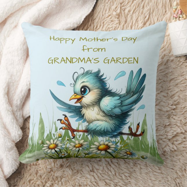 Happy Mothers Day from GRANDMA'S GARDEN Funny Bird Throw Pillow (Blanket)