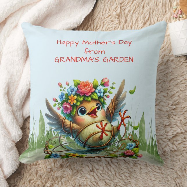 Happy Mothers Day from GRANDMA'S GARDEN Funny Bird Throw Pillow (Blanket)