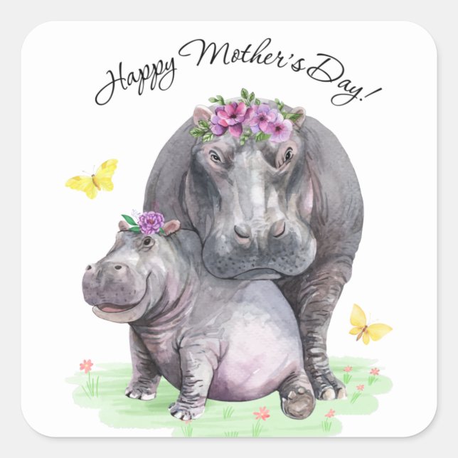 Happy Mothers Day Fun Hippo  Square Sticker (Front)