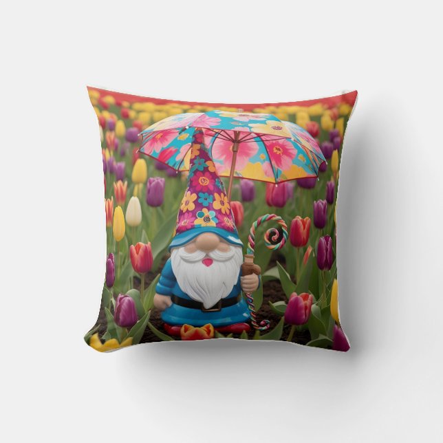 Happy Mother's Day: Gnome in Tulip Field Throw Pillow (Front)