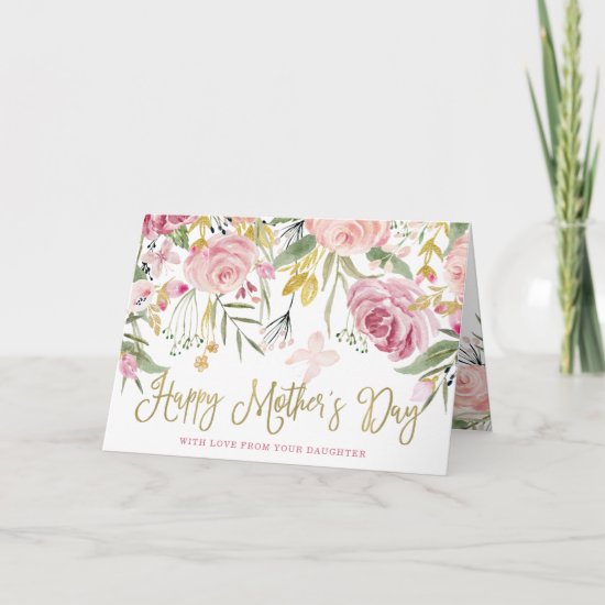 Happy Mother's Day | Gold and Blush Pink Flowers Card