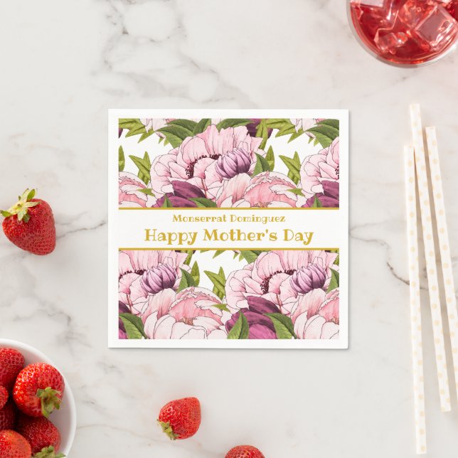 Happy Mother's Day Gold Name Pink Peony Floral Napkins (Insitu)