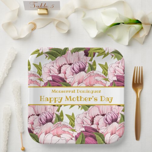 Happy Mothers Day Gold Name Pink Peony Floral Paper Plates
