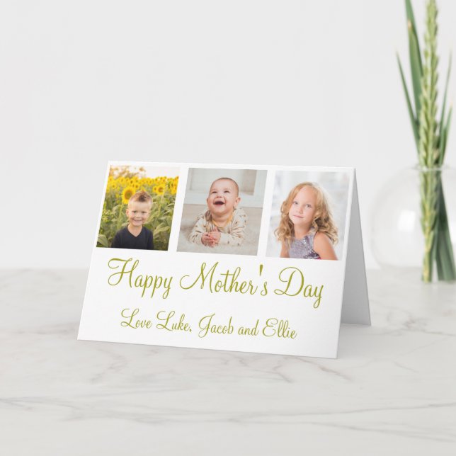 Happy Mother's Day Gold Script Photo Collage Card (Front)