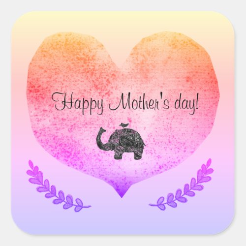 Happy Mothers Day Gradation Heart Elephant Doodle Square Sticker