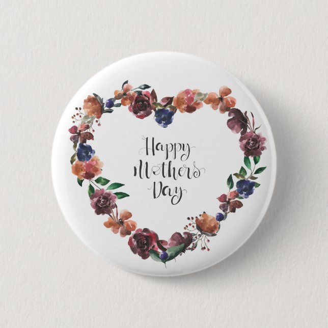 Happy Mother's Day Heart Floral Flowers Script Button (Front)