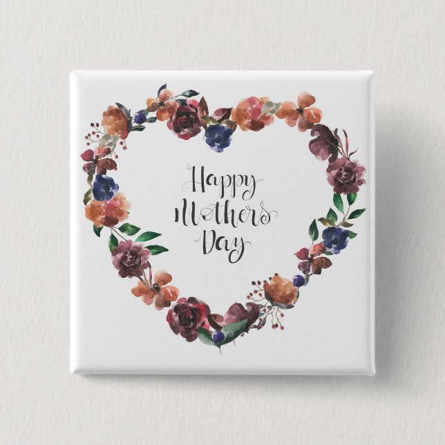 Happy Mother's Day Heart Floral Flowers Script Button (Front)