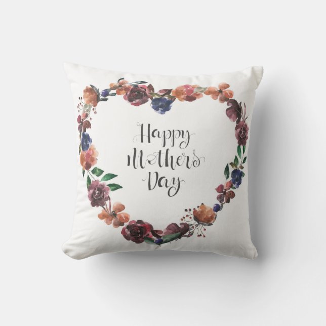 Happy Mother's Day Heart Floral Flowers Script Throw Pillow (Front)