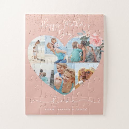 Happy Mothers Day Heart Floral Photo Collage Pink Jigsaw Puzzle