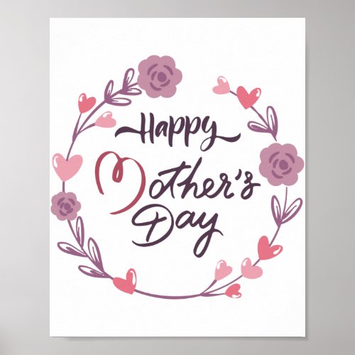 Happy Mothers Day Hearts Floral Wreath Bouquet Poster