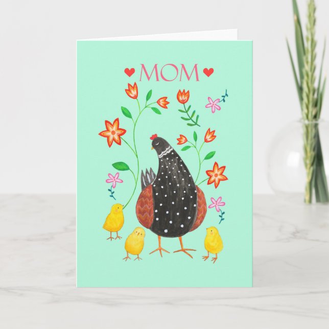 Happy Mother's Day Hen with three chicks mom love Card (Front)