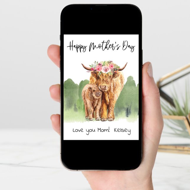 Happy Mother's Day Highland Cow and Calf Card (Front Digital)