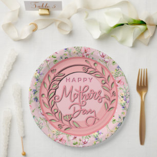 Happy Mother's Day I Watercolor Floral Pink Paper Plates