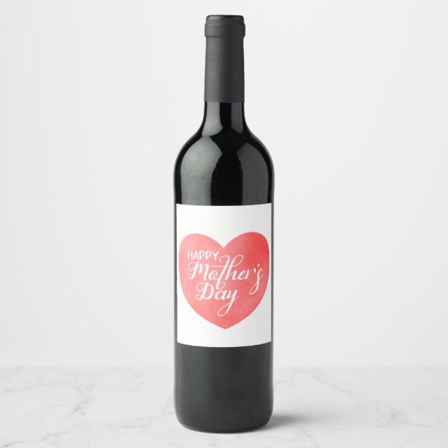 Happy mother's day in pink heart, mom love wine label (Front)