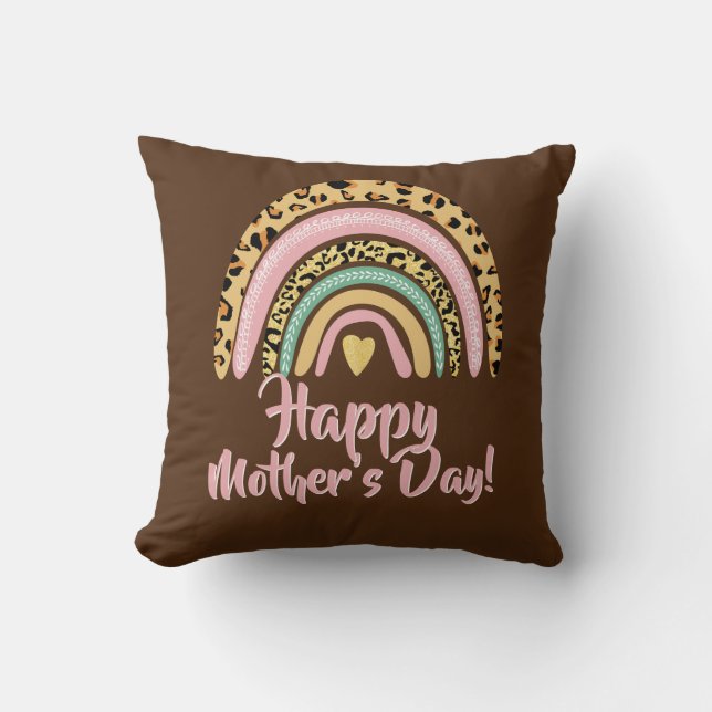 Happy Mothers Day Leopard Print Pink Rainbow Heart Throw Pillow (Front)
