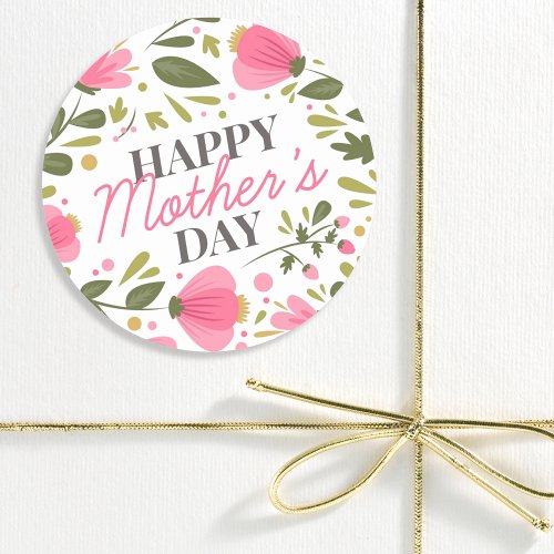 Happy Mothers Day Modern Pink Floral Botanical Classic Round Sticker