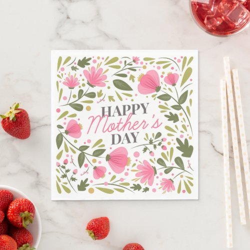Happy Mothers Day Modern Pink Floral Botanical Napkins