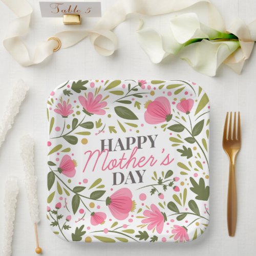 Happy Mothers Day Modern Pink Floral Botanical Paper Plates