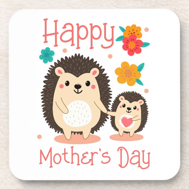 Happy Mother's Day Mom And Baby Hedgehog  Beverage Coaster (Front)