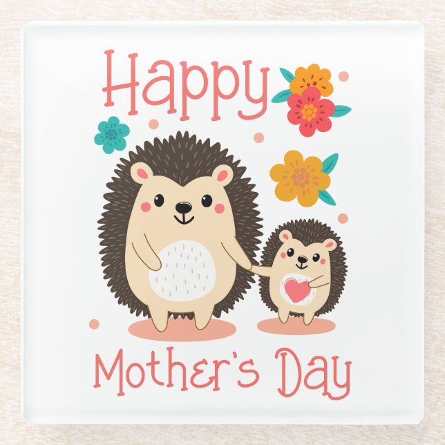 Happy Mother's Day Mom And Baby Hedgehog  Glass Coaster (Front)