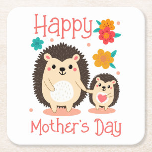 Happy Mother's Day Mom And Baby Hedgehog Square Paper Coaster