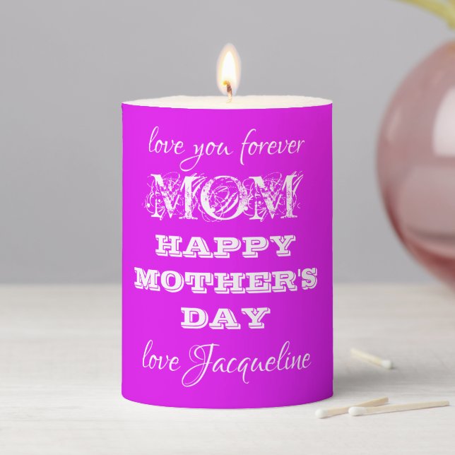 Happy Mother's Day Mom Chic Script Name Elegant    Pillar Candle (In Situ)