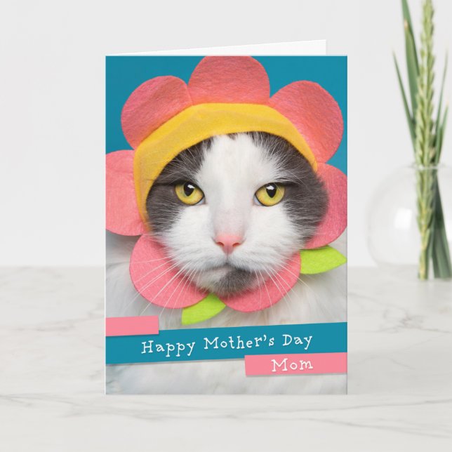 Happy Mother's Day Mom Cute Cat in Flower Hat Holiday Card (Front)