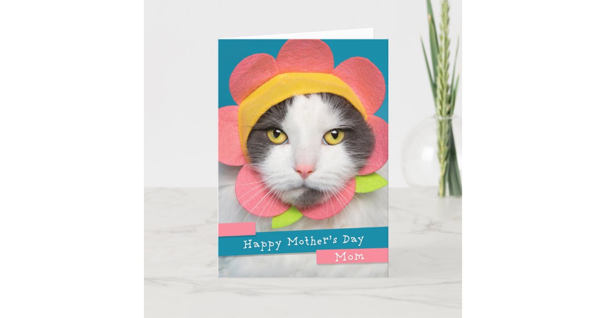 Happy Mother's Day Mom Cute Cat in Flower Hat Holiday Card | Zazzle