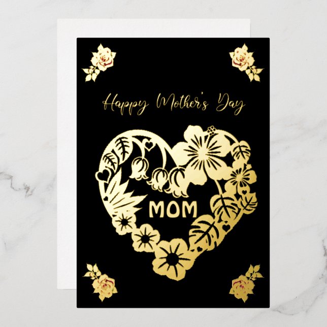 Happy Mother's Day Mom Gold Foil and Roses Holiday Card (Front/Back)