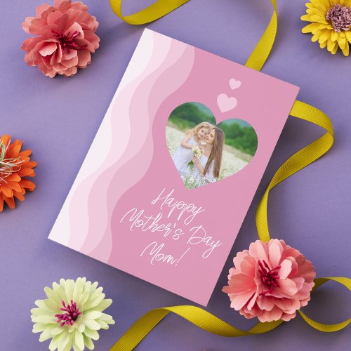 Happy Mothers Day MOM Modern Pink Heart Photo Holiday Card