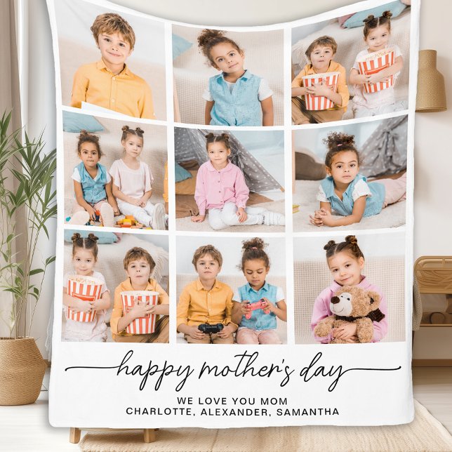 Happy Mothers Day Mom Personalized 9 Photo Collage Fleece Blanket (Creator Uploaded)