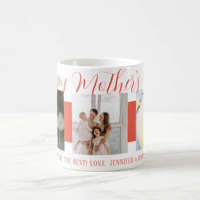 Happy Mother's Day Mom Pink Script with 3 photos  Coffee Mug (Center)