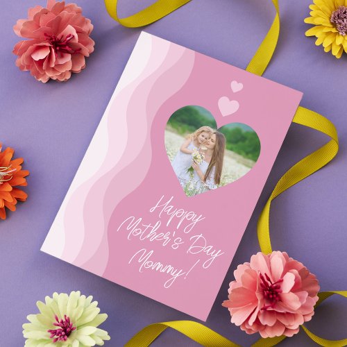Happy Mothers Day MOMMY Modern Pink Heart Photo Holiday Card