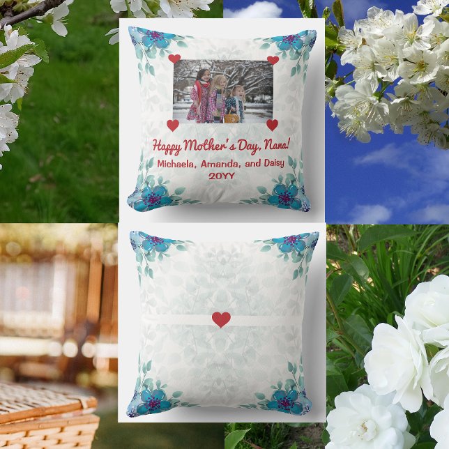 Happy Mother's Day Nana Grandma Photo Names Floral Throw Pillow (Happy Mother's Day, Nana! Elegant floral pillow with a personalized photo held up by red hearts)