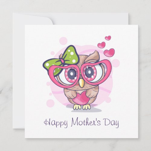 Happy Mothers Day Owl Pink Love Hearts Holiday Card