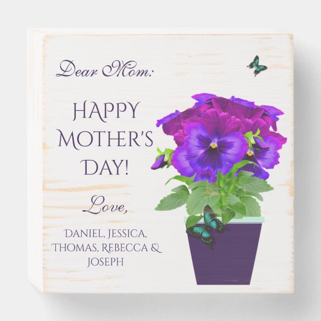 Happy Mother's Day Pansies Plant From Family Names Wooden Box Sign (Front Horizontal)