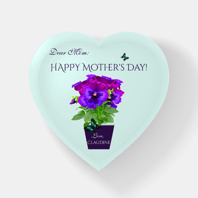 Happy Mother's Day Pansies Plant From Name Heart Paperweight (Front)