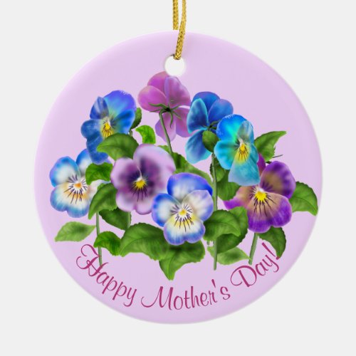 Happy Mothers Day Pansy Violet Flowers Watercolor Ceramic Ornament