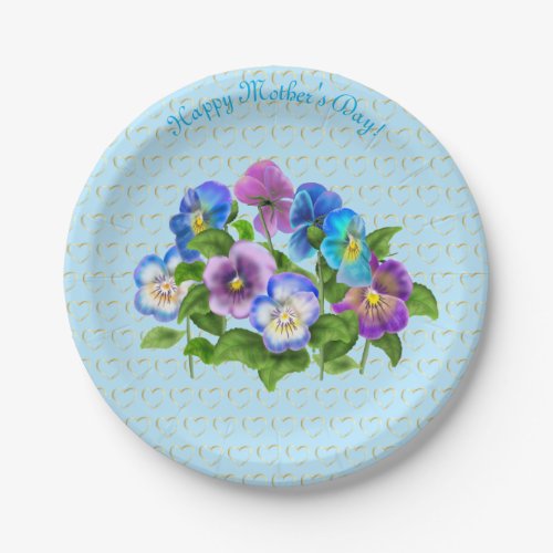 Happy Mothers Day Pansy Violet Flowers Watercolor Paper Plates