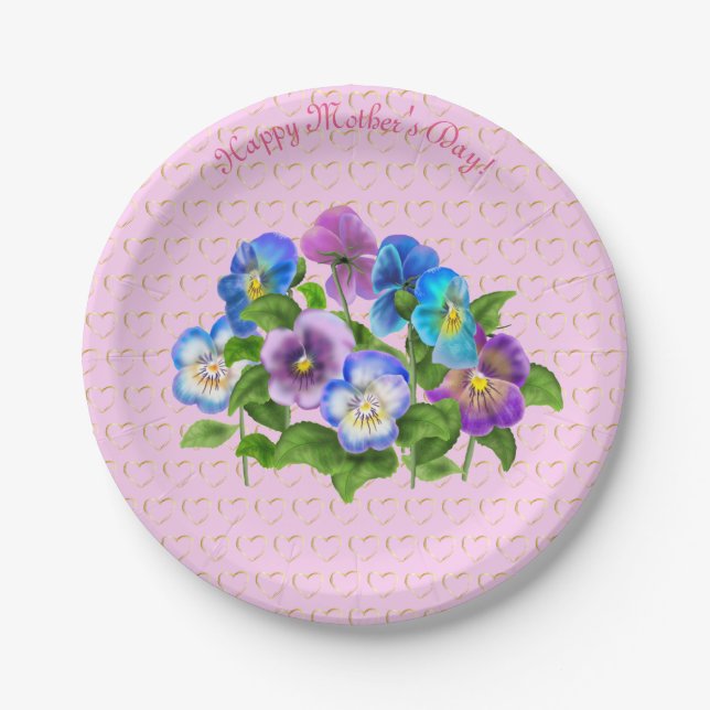Happy Mother's Day Pansy Violet Flowers Watercolor Paper Plates (Front)