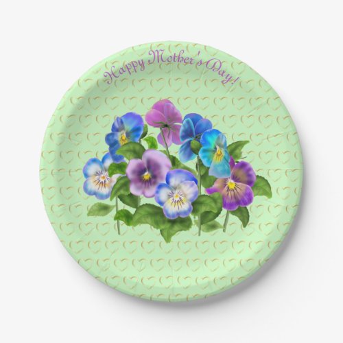 Happy Mothers Day Pansy Violet Flowers Watercolor Paper Plates