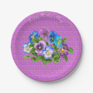 Happy Mother's Day Pansy Violet Flowers Watercolor Paper Plates