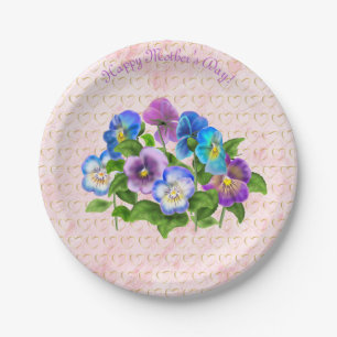 Happy Mother's Day Pansy Violet Flowers Watercolor Paper Plates