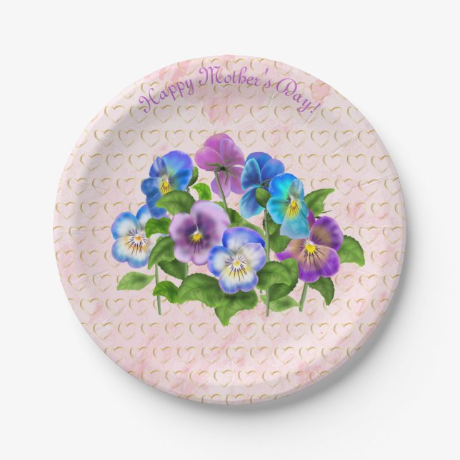 Happy Mother's Day Pansy Violet Flowers Watercolor Paper Plates (Front)