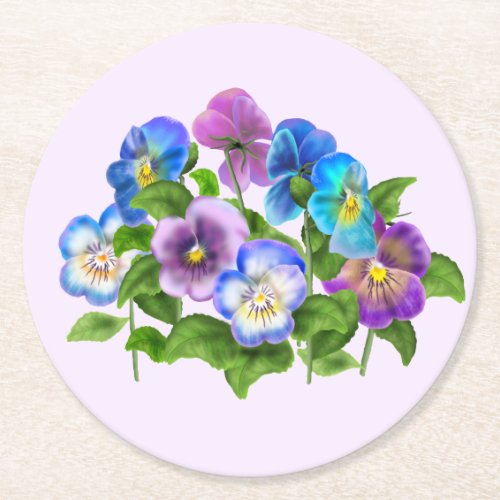 Happy Mothers Day Pansy Violet Flowers Watercolor Round Paper Coaster
