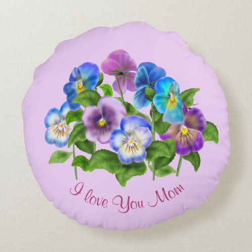 Happy Mothers Day Pansy Violet Flowers Watercolor Round Pillow