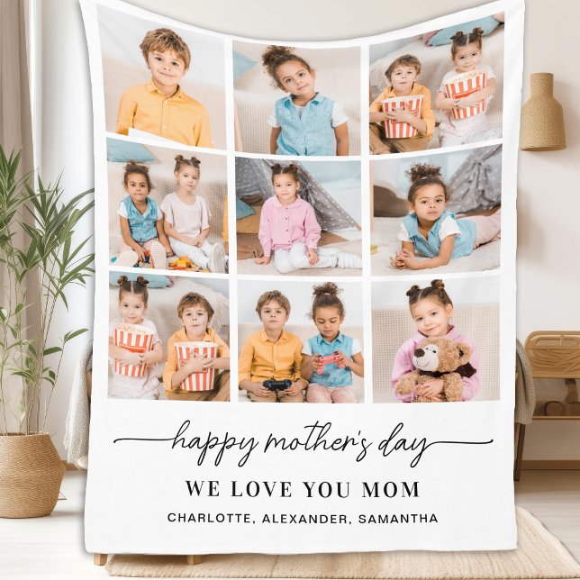 Happy Mothers Day Personalized Modern 9 Photo Fleece Blanket (Creator Uploaded)