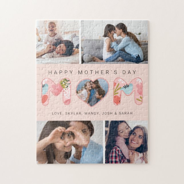 Happy Mother's Day Photo Collage & Floral Pattern Jigsaw Puzzle (Vertical)